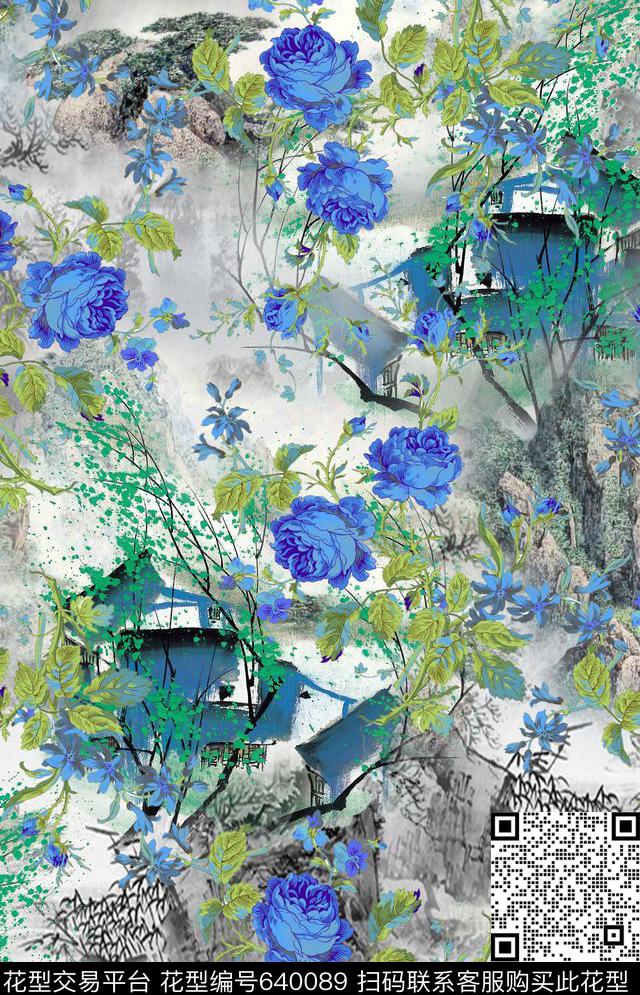 风景山水、花、柳数码印花华亿平台下载（图片编号: 640089） - 瓦栏（Walan）