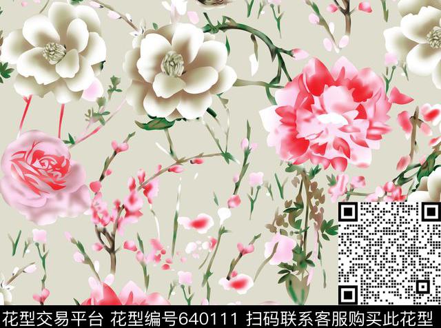 玫瑰大花花朵传统印花华亿平台下载（图片编号: 640111） - 瓦栏（Walan）