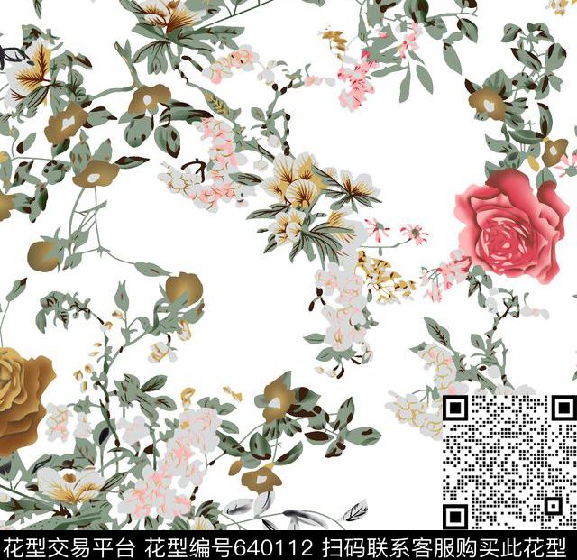 清新玫瑰大花传统印花华亿平台下载（图片编号: 640112） - 瓦栏（Walan）