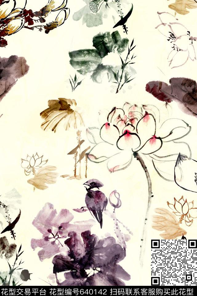 花卉水墨花卉组合数码印花华亿平台下载（图片编号: 640142） - 瓦栏（Walan）