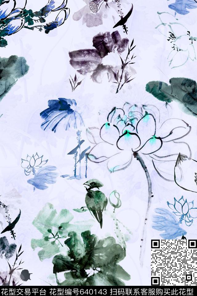 花卉水墨花卉组合数码印花华亿平台下载（图片编号: 640143） - 瓦栏（Walan）