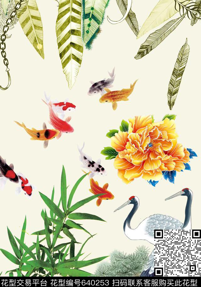 仙鹤羽毛山水画数码印花华亿平台下载（图片编号: 640253） - 瓦栏（Walan）