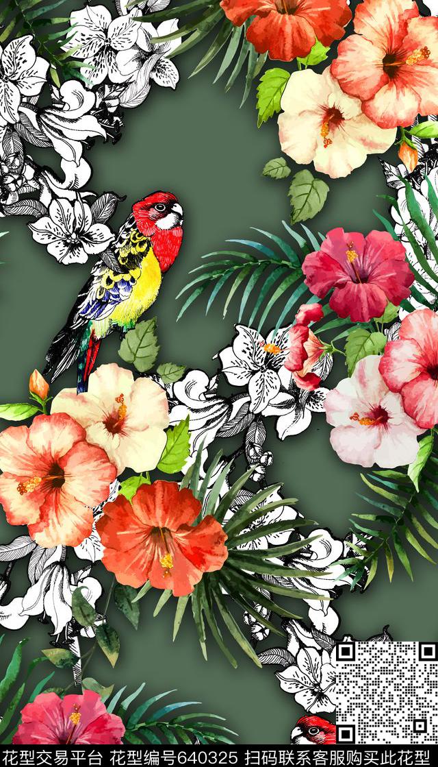 热带花卉鸟类组合女装数码印花华亿平台下载（图片编号: 640325） - 瓦栏（Walan）