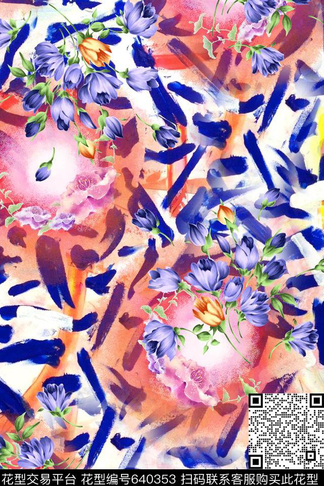 手绘笔触花卉数码印花华亿平台下载（图片编号: 640353） - 瓦栏（Walan）