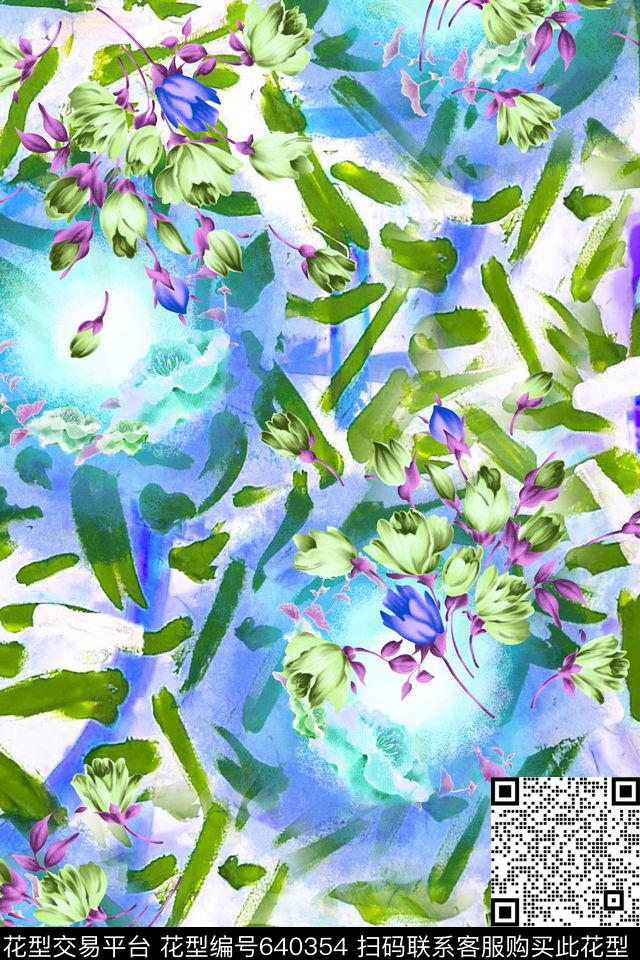 手绘笔触花卉数码印花华亿平台下载（图片编号: 640354） - 瓦栏（Walan）