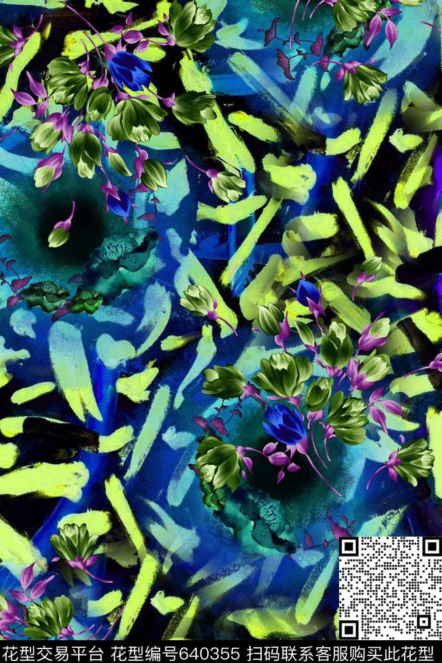 手绘笔触花卉数码印花华亿平台下载（图片编号: 640355） - 瓦栏（Walan）