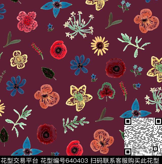 花朵酒红绿蓝数码印花华亿平台下载（图片编号: 640403） - 瓦栏（Walan）