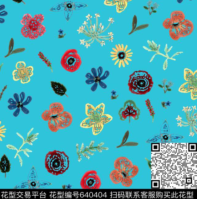 花朵酒红绿蓝数码印花华亿平台下载（图片编号: 640404） - 瓦栏（Walan）