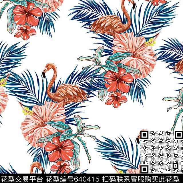棕榈叶热带粉红烈火鸟数码印花华亿平台下载（图片编号: 640415） - 瓦栏（Walan）