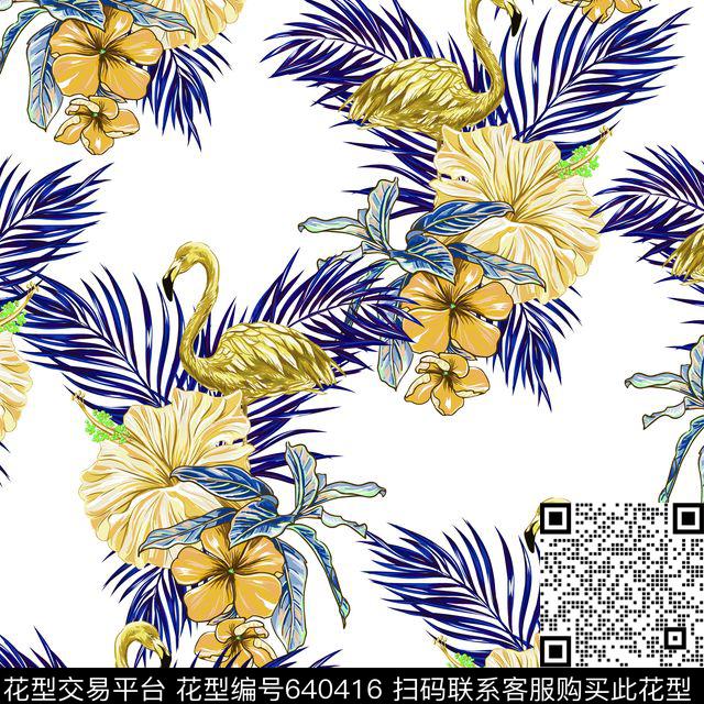 棕榈叶热带粉红烈火鸟数码印花华亿平台下载（图片编号: 640416） - 瓦栏（Walan）
