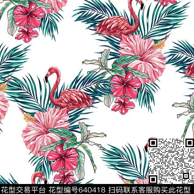 棕榈叶热带粉红烈火鸟数码印花华亿平台下载（图片编号: 640418） - 瓦栏（Walan）