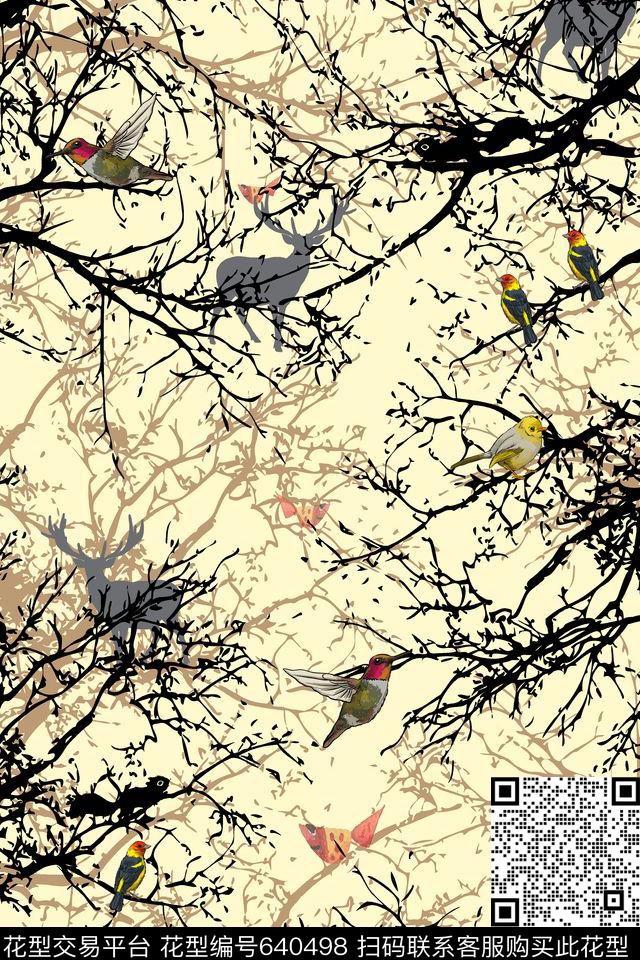 流行时尚树枝剪影传统印花华亿平台下载（图片编号: 640498） - 瓦栏（Walan）
