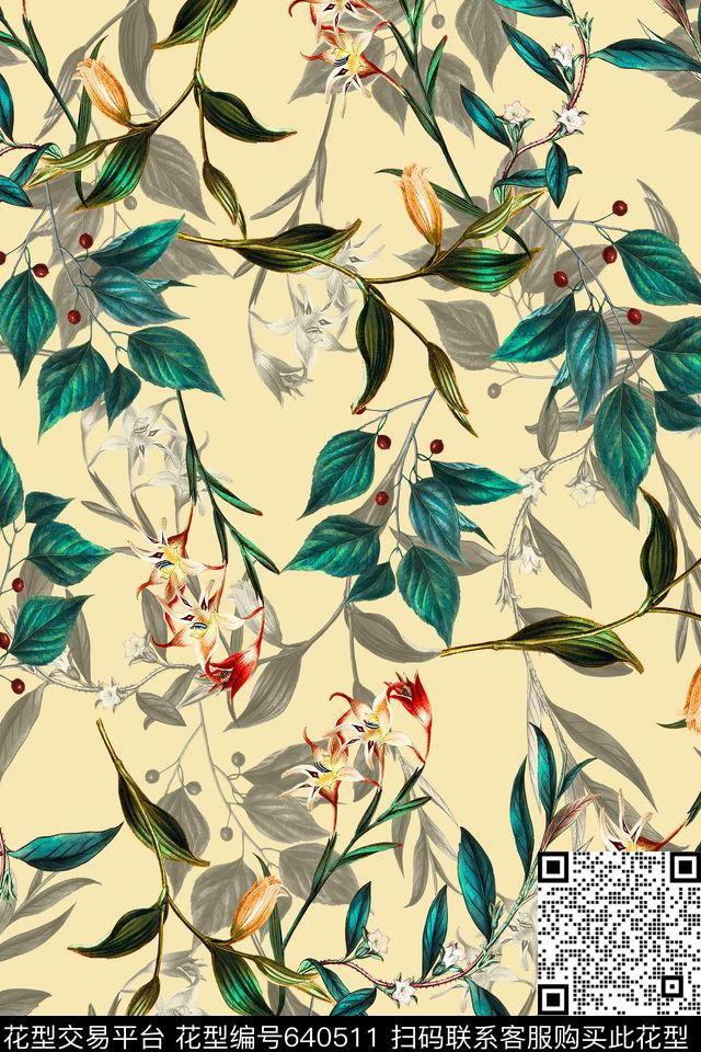 花卉叶子数码印花华亿平台下载（图片编号: 640511） - 瓦栏（Walan）