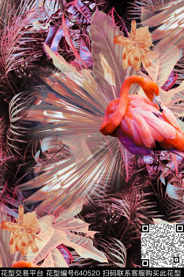 火烈鸟热带植物数码印花华亿平台下载（图片编号: 640520） - 瓦栏（Walan）