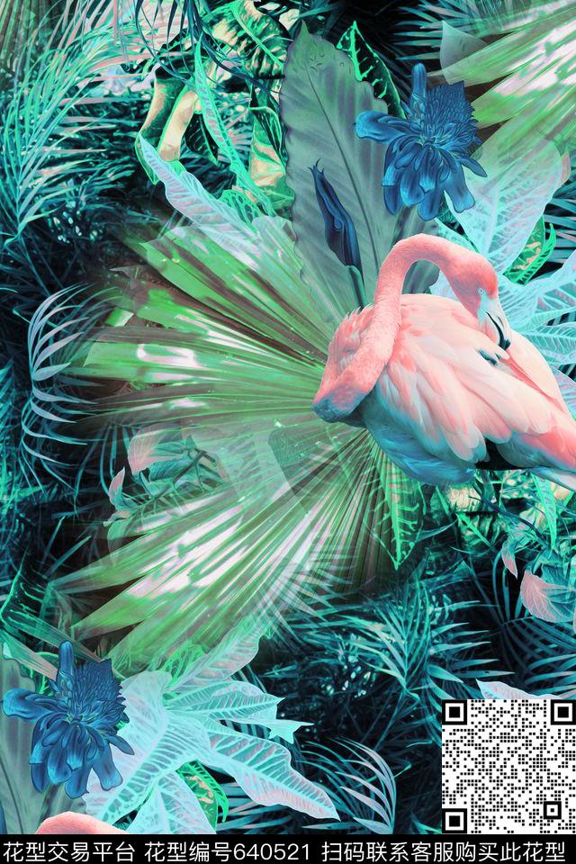 火烈鸟热带植物数码印花华亿平台下载（图片编号: 640521） - 瓦栏（Walan）