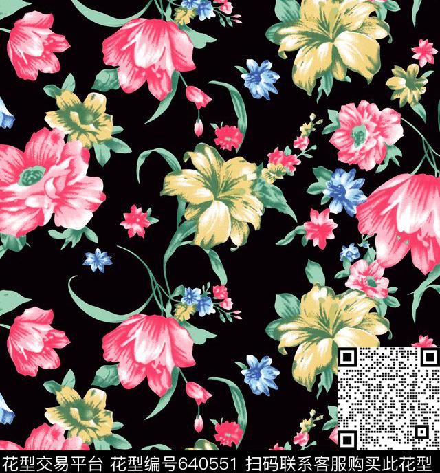 大花花朵花卉传统印花华亿平台下载（图片编号: 640551） - 瓦栏（Walan）