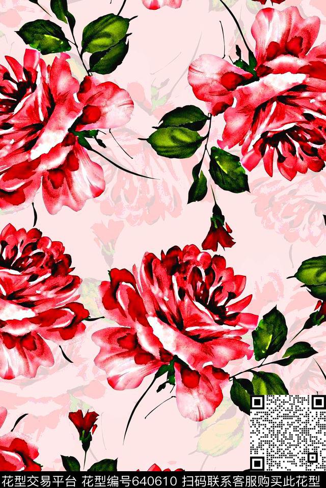 时尚抽象手绘玫瑰花花卉数码印花时尚潮流女装裙子春夏清爽艳丽花朵印花流行大牌设计印花数码印花华亿平台下载（图片编号: 640610） - 瓦栏（Walan）