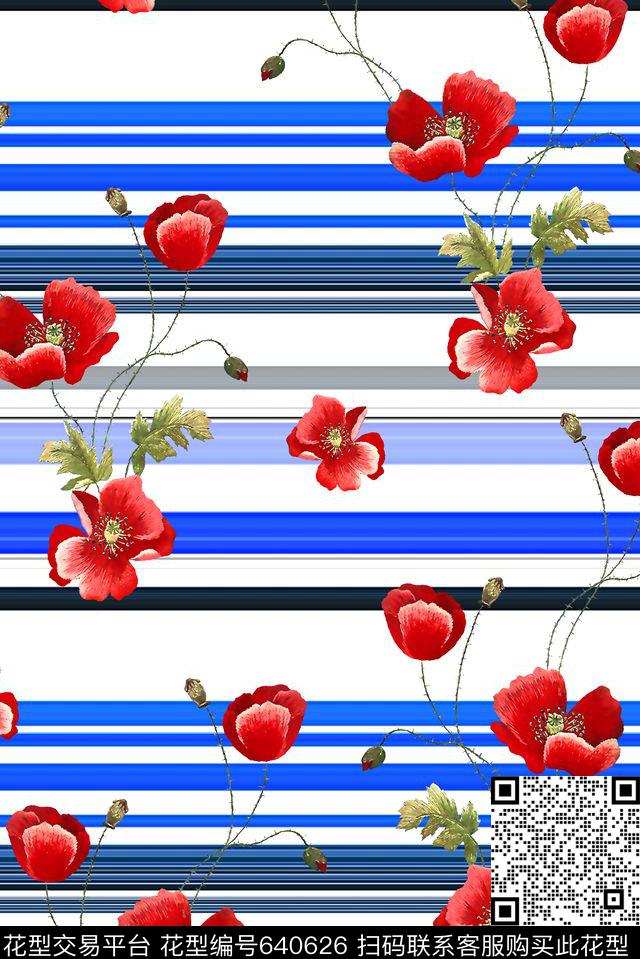 抽象手绘满版花卉条纹最新高清数码泳装花数码印花华亿平台下载（图片编号: 640626） - 瓦栏（Walan）