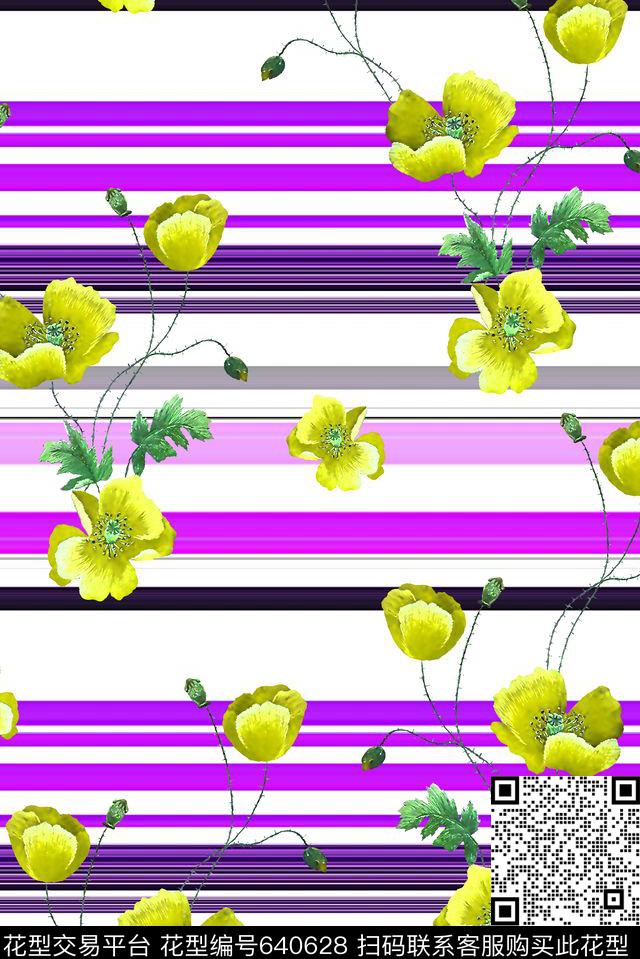 抽象手绘满版花卉条纹最新高清数码泳装花数码印花华亿平台下载（图片编号: 640628） - 瓦栏（Walan）