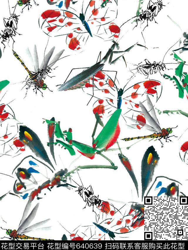 时尚、水墨、昆虫数码印花华亿平台下载（图片编号: 640639） - 瓦栏（Walan）