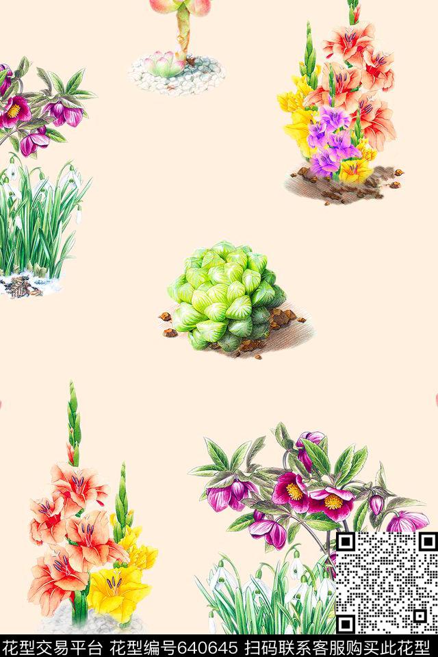 连衣裙多肉植物花卉数码印花华亿平台下载（图片编号: 640645） - 瓦栏（Walan）