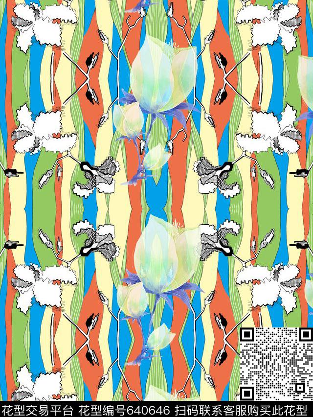 复古、手绘、线条、花卉数码印花华亿平台下载（图片编号: 640646） - 瓦栏（Walan）