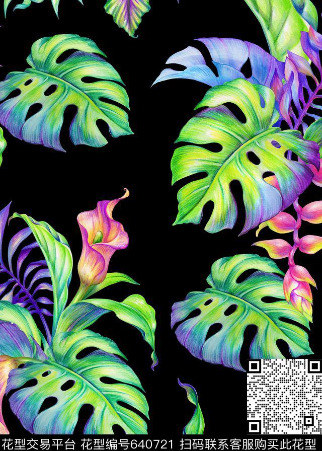 棕榈叶热带芭蕉叶数码印花华亿平台下载（图片编号: 640721） - 瓦栏（Walan）
