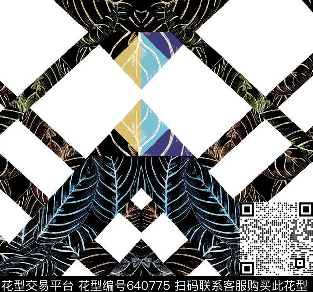 格子树叶数码印花华亿平台下载（图片编号: 640775） - 瓦栏（Walan）