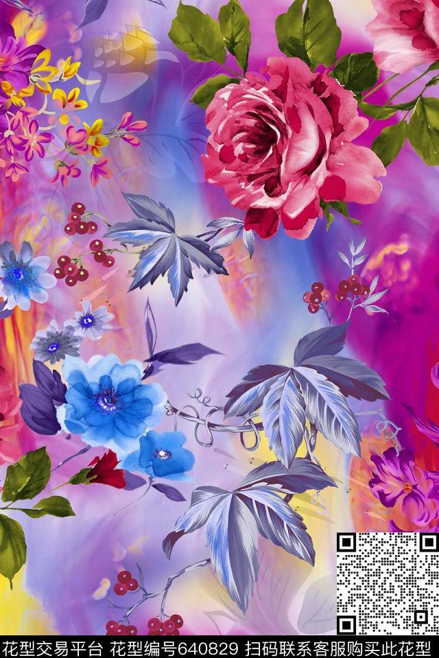 连衣裙手绘水彩数码印花华亿平台下载（图片编号: 640829） - 瓦栏（Walan）