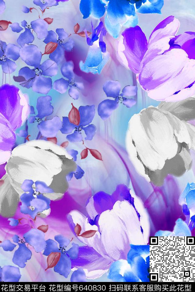 连衣裙手绘花卉数码印花华亿平台下载（图片编号: 640830） - 瓦栏（Walan）