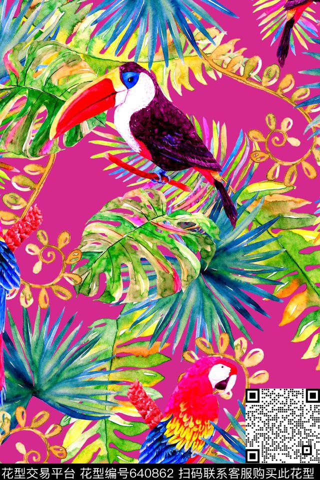 棕榈叶热带风情大嘴鸟数码印花华亿平台下载（图片编号: 640862） - 瓦栏（Walan）