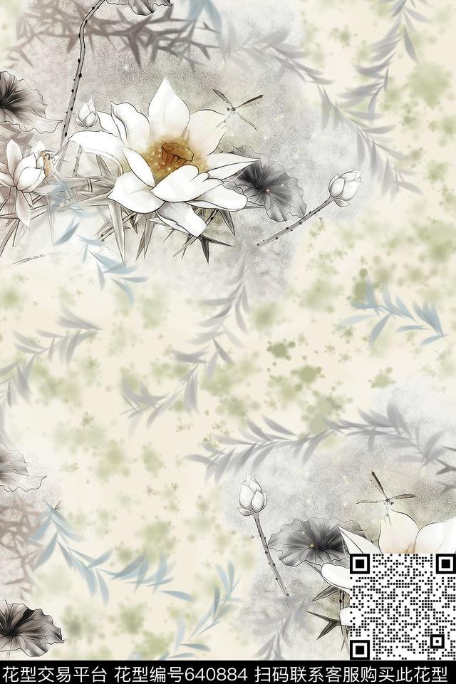 水墨荷花复古花卉数码印花华亿平台下载（图片编号: 640884） - 瓦栏（Walan）