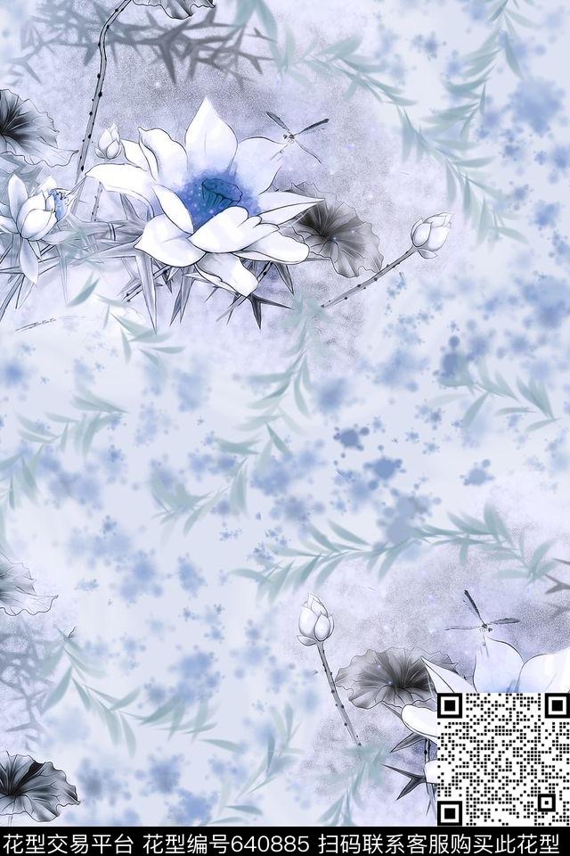 水墨荷花复古花卉数码印花华亿平台下载（图片编号: 640885） - 瓦栏（Walan）