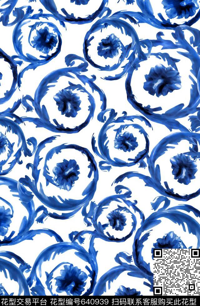 Versace范思哲手绘卷草青花瓷风格素雅简欧潮牌数码印花华亿平台下载（图片编号: 640939） - 瓦栏（Walan）