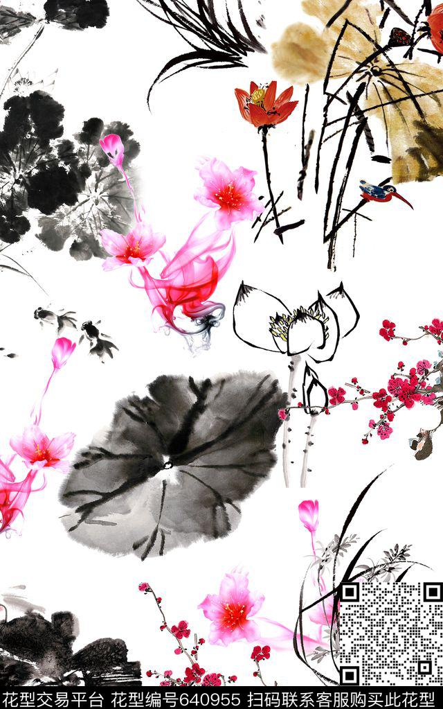 水墨中国风荷花数码印花华亿平台下载（图片编号: 640955） - 瓦栏（Walan）