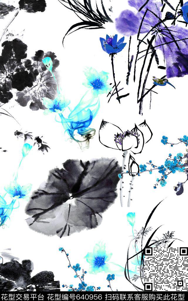 水墨中国风荷花数码印花华亿平台下载（图片编号: 640956） - 瓦栏（Walan）