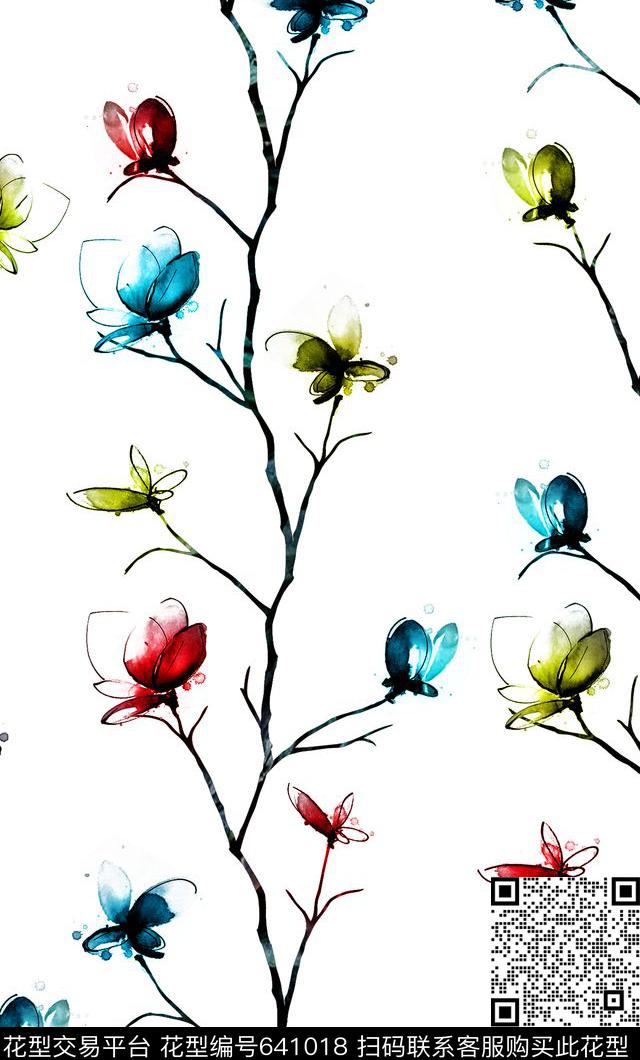 小花水墨抽象数码印花华亿平台下载（图片编号: 641018） - 瓦栏（Walan）