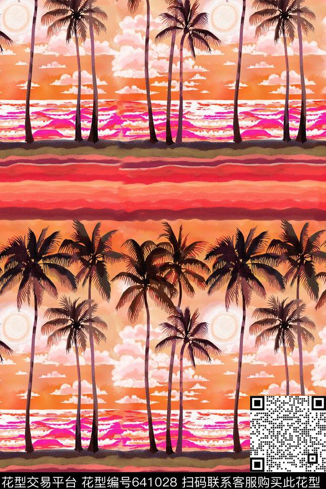 热带棕榈树海滩传统印花华亿平台下载（图片编号: 641028） - 瓦栏（Walan）