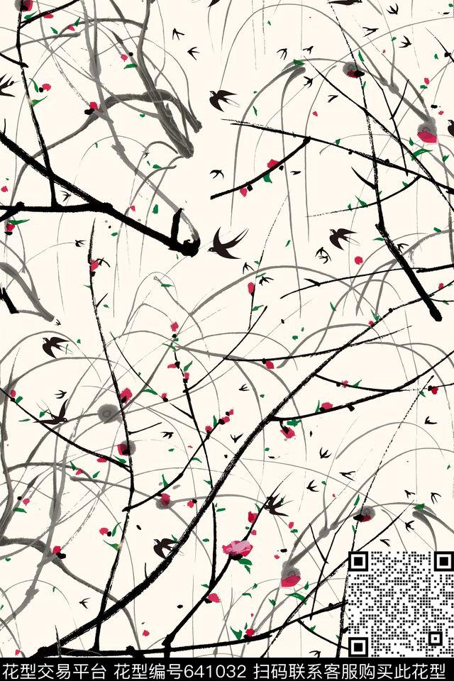树枝燕子中国风数码印花华亿平台下载（图片编号: 641032） - 瓦栏（Walan）