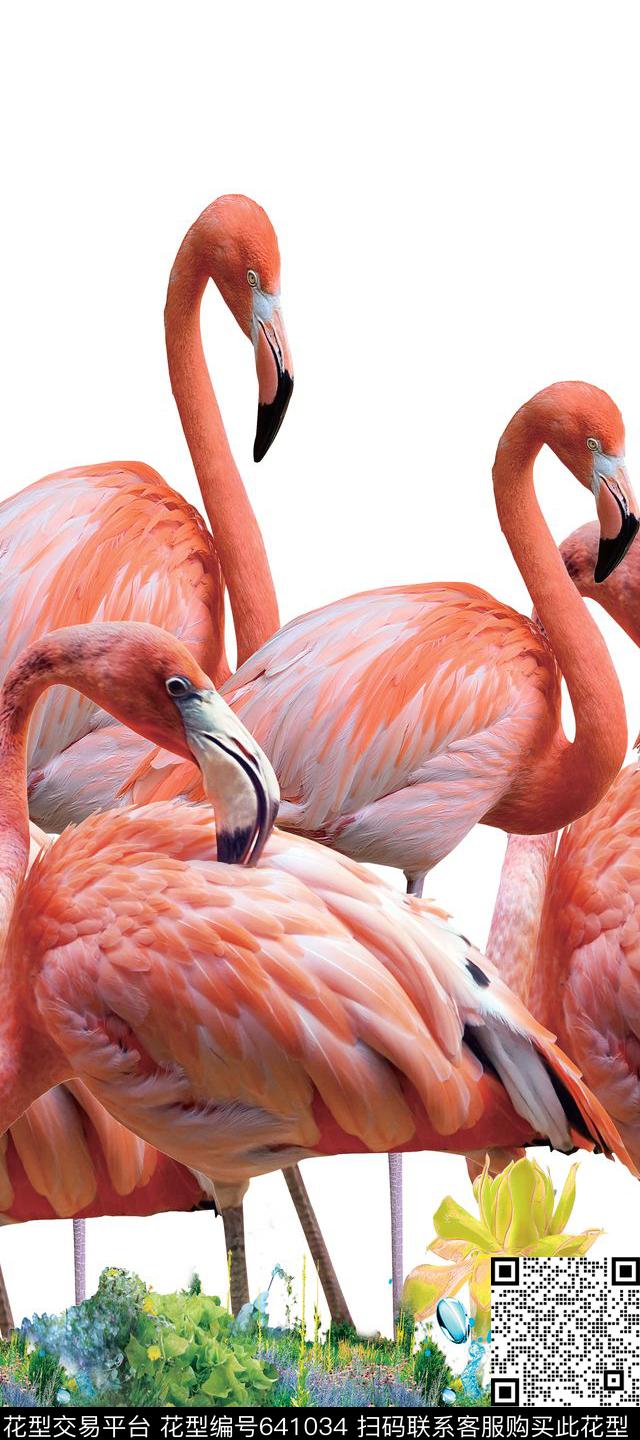 羽毛火烈鸟草地数码印花华亿平台下载（图片编号: 641034） - 瓦栏（Walan）