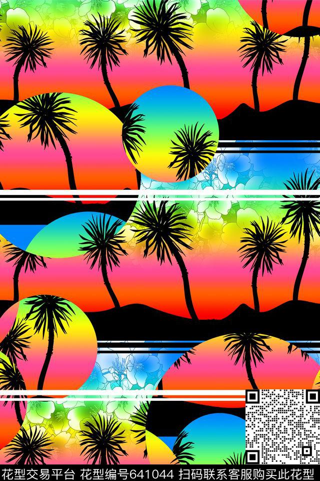 热带棕榈树几何数码印花华亿平台下载（图片编号: 641044） - 瓦栏（Walan）