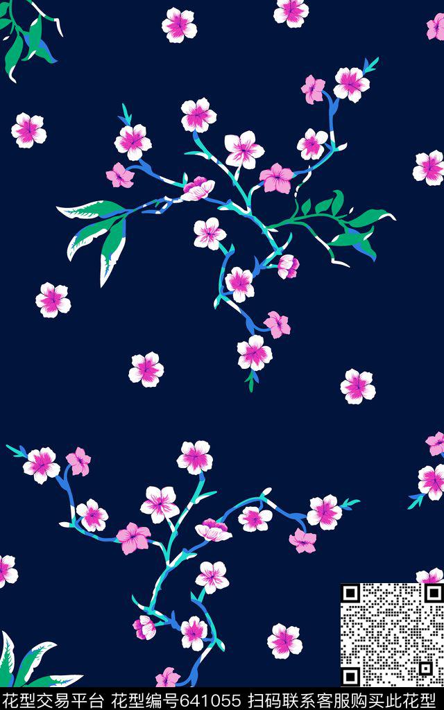 桃花简约花卉0分色区传统印花华亿平台下载（图片编号: 641055） - 瓦栏（Walan）