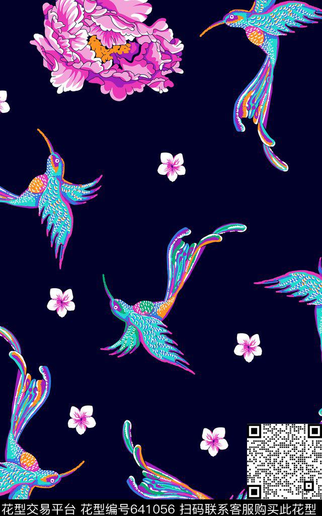 鸟简约花卉0分色区传统印花华亿平台下载（图片编号: 641056） - 瓦栏（Walan）