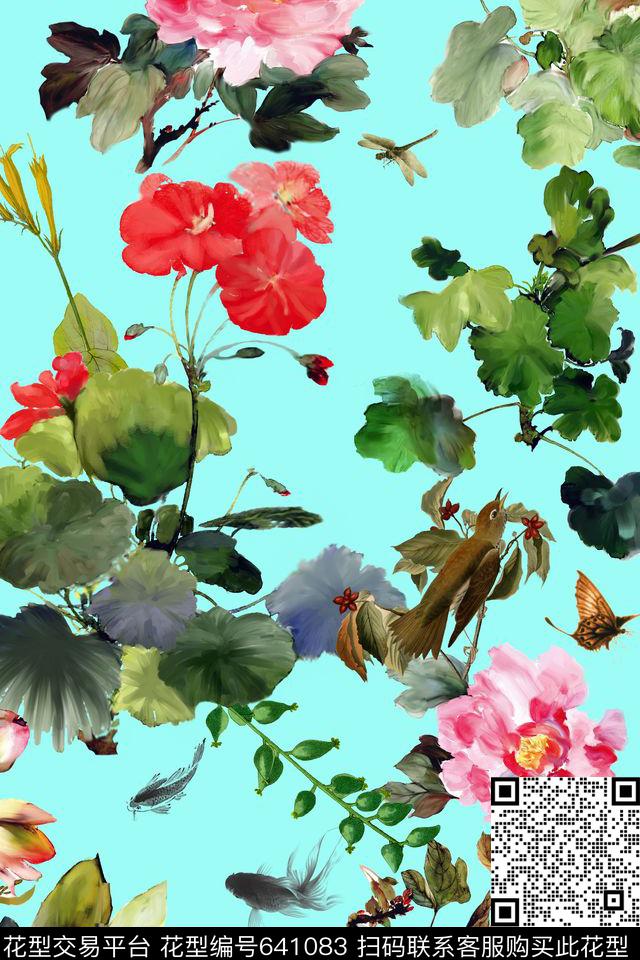 小碎花花鸟荷花数码印花华亿平台下载（图片编号: 641083） - 瓦栏（Walan）
