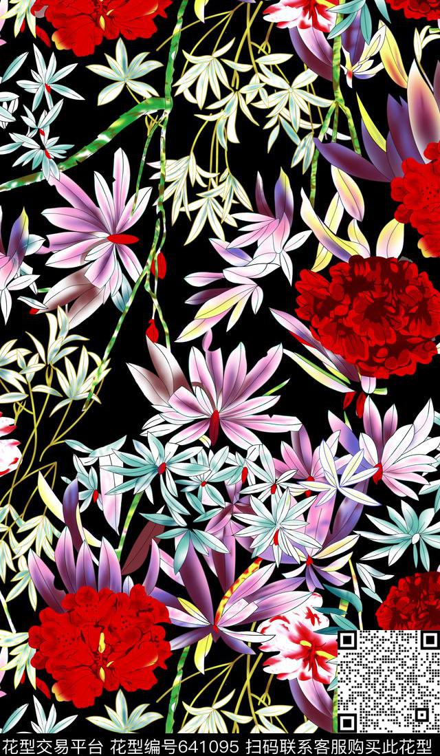 大花玫瑰花朵数码印花华亿平台下载（图片编号: 641095） - 瓦栏（Walan）