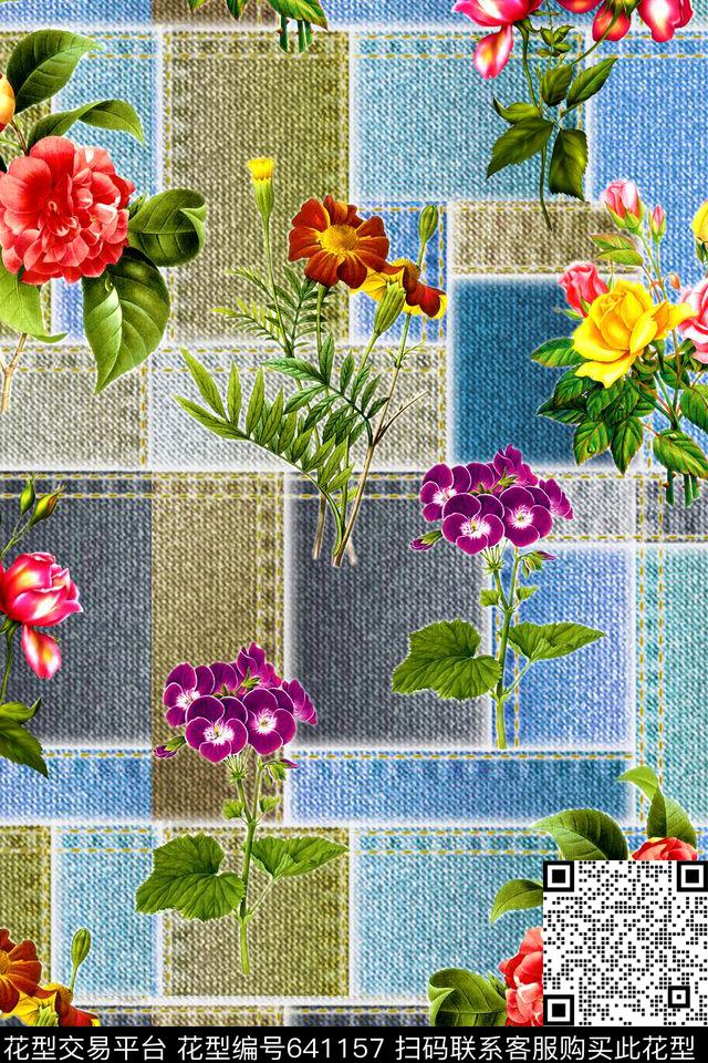 花卉几何牛仔数码印花华亿平台下载（图片编号: 641157） - 瓦栏（Walan）