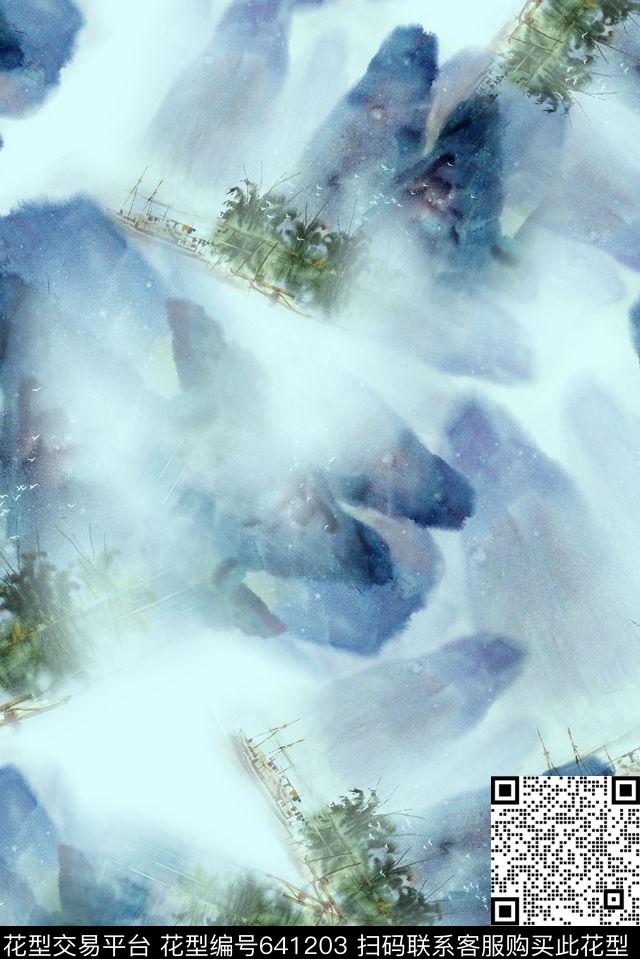 大气时尚风风景山数码印花华亿平台下载（图片编号: 641203） - 瓦栏（Walan）