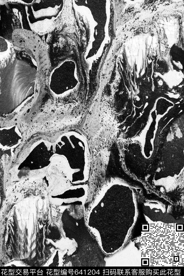 手绘抽象泼墨黑白数码印花华亿平台下载（图片编号: 641204） - 瓦栏（Walan）