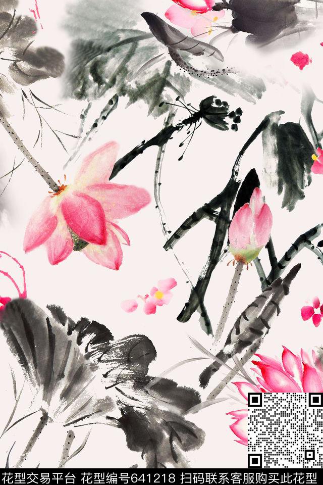 水墨荷花数码印花华亿平台下载（图片编号: 641218） - 瓦栏（Walan）