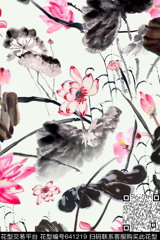 水墨荷花数码印花华亿平台下载（图片编号: 641219） - 瓦栏（Walan）